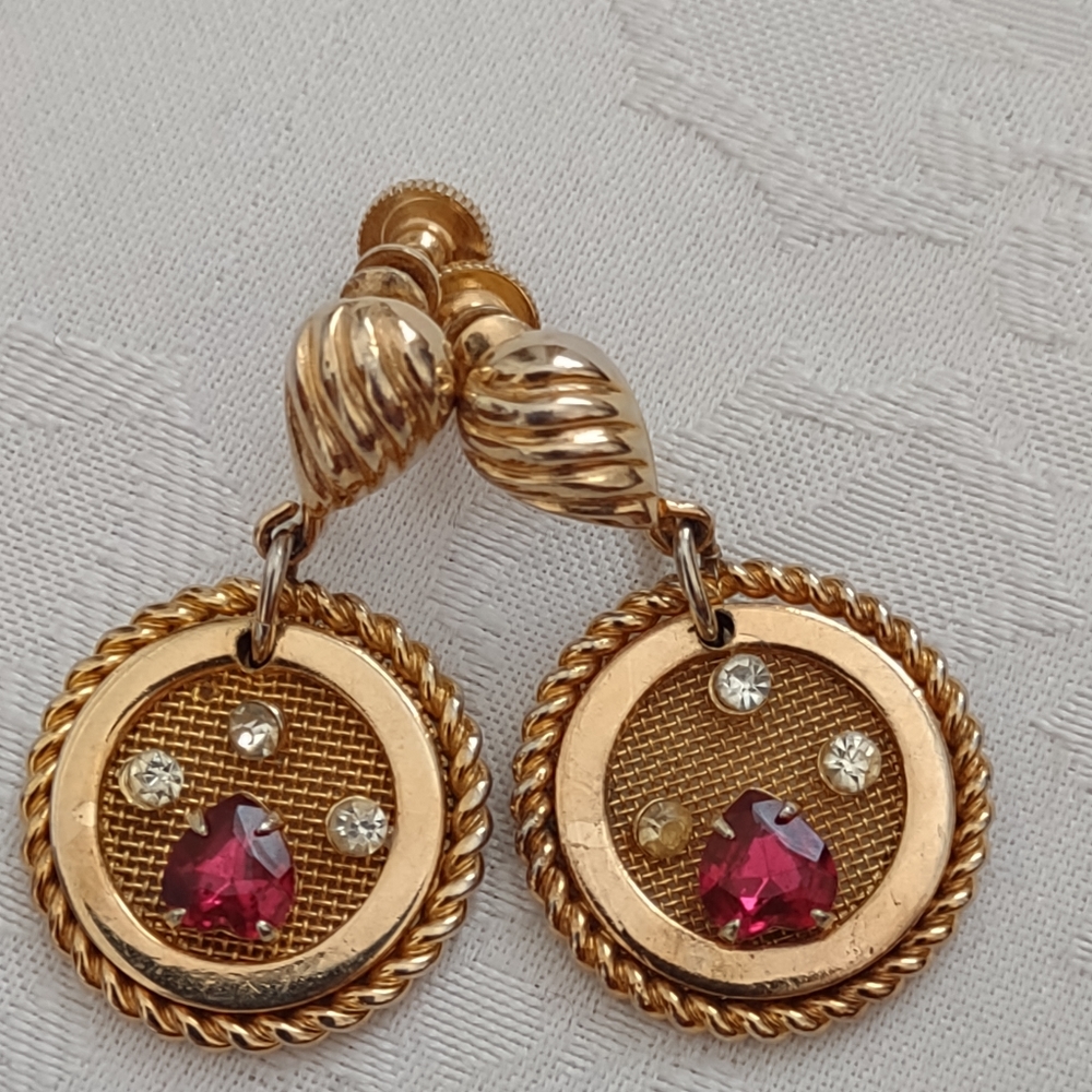 Filigree Ruby Crystals Circle Dangle Drop Earrings - image 6
